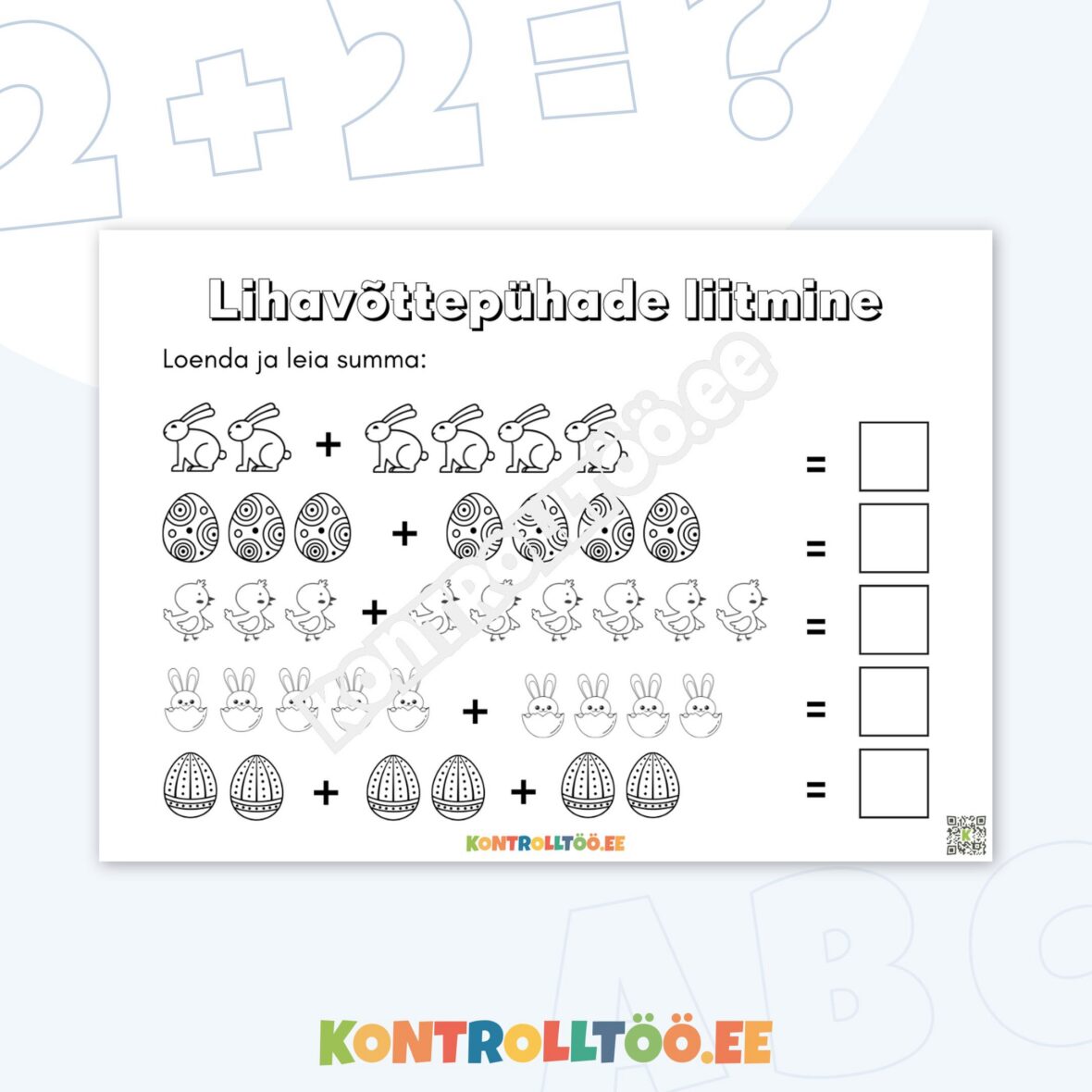 Tööleht – Lihavõttepühade liitmine: Loenda ja leia summa